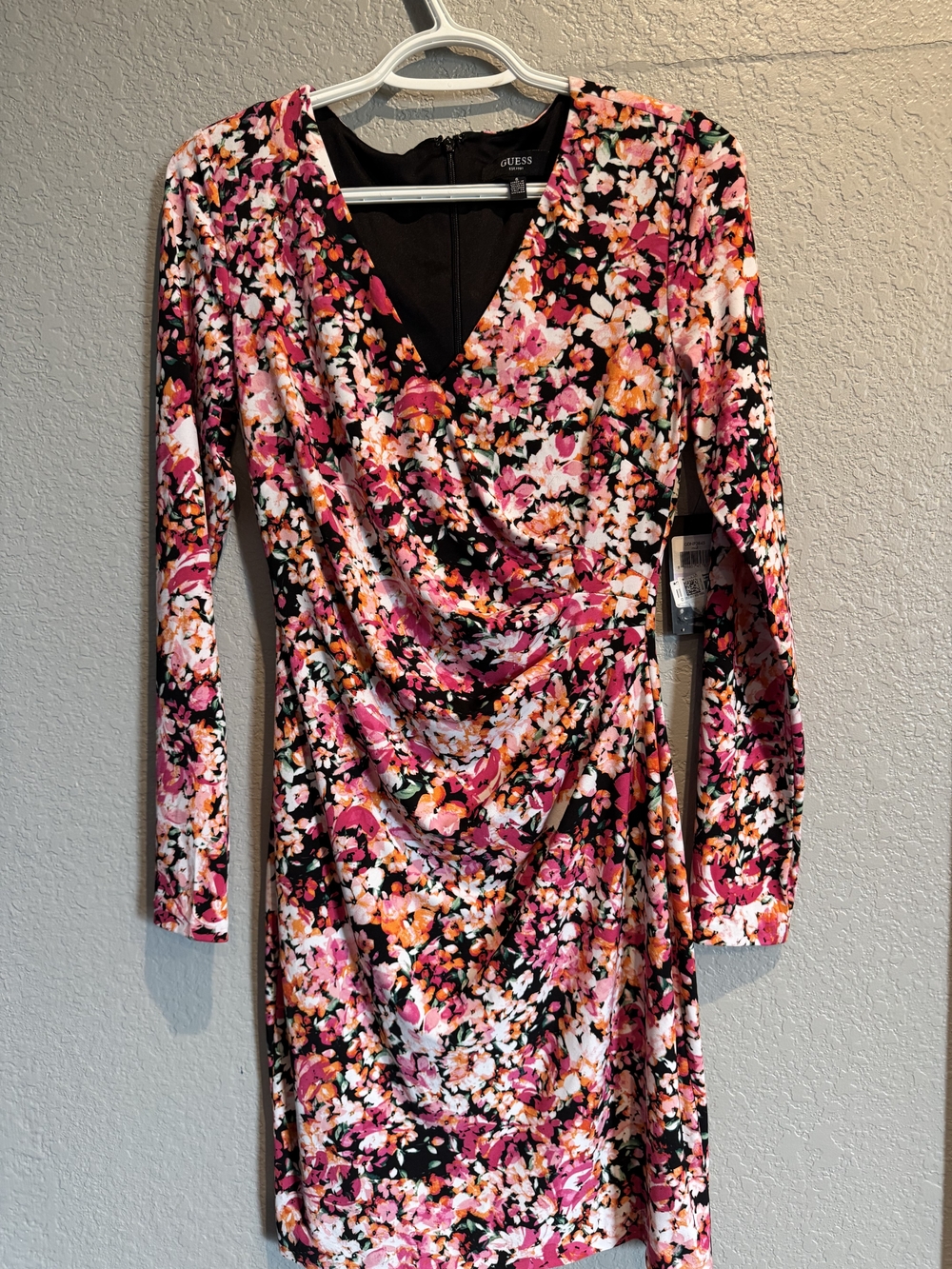 GUESS Black Floral Long-Sleeve Wrap-Style Dress